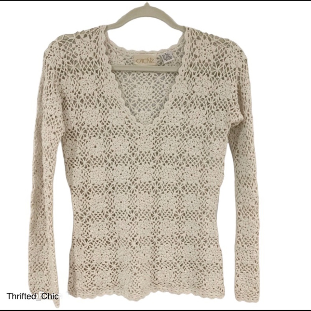 Caché White Crochet V-Neck Sweater